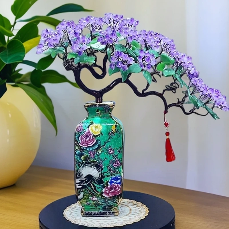 【卓越轻奢原创】百鸟朝凤四方瓶紫水晶树百搭陶瓷摆件手工点缀精美