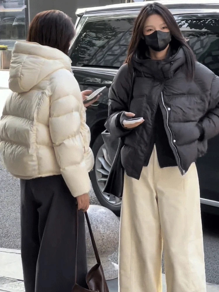 小个子连帽短款泡芙白鸭绒羽绒服女冬季新款宽松加厚面包服外套潮