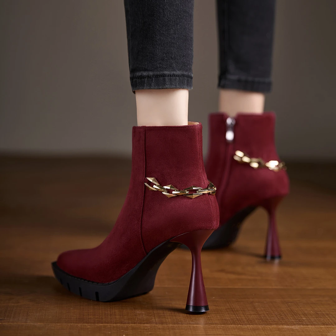 AACCK女鞋8.9cm小个子法式高跟短靴女靴细跟尖头链条时装靴瘦瘦靴