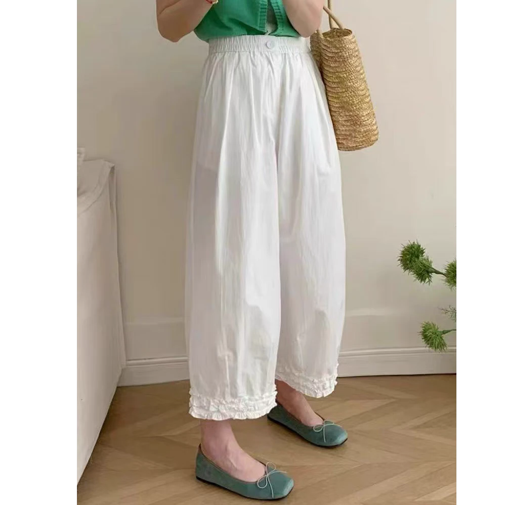 8561木耳边白色窄版阔腿裤女夏2025新款百搭高腰休闲直筒九分裤