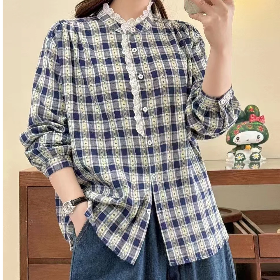 设计感圆领花边格子宽松双层纱衬衫女2025新款显瘦百搭长袖上衣