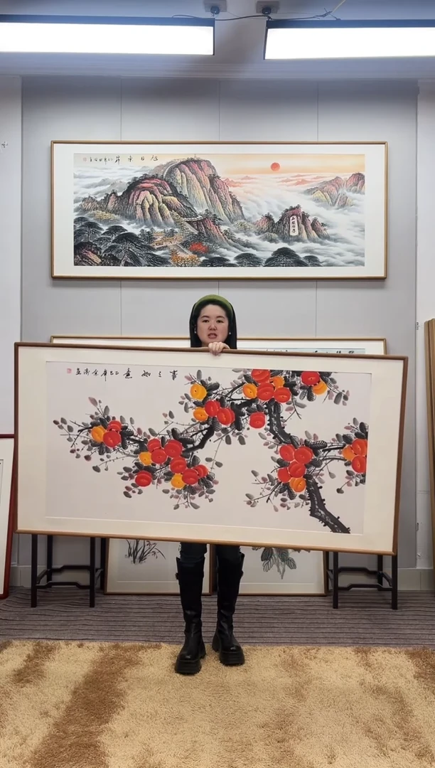 国画手绘柿子162*82尺寸横幅