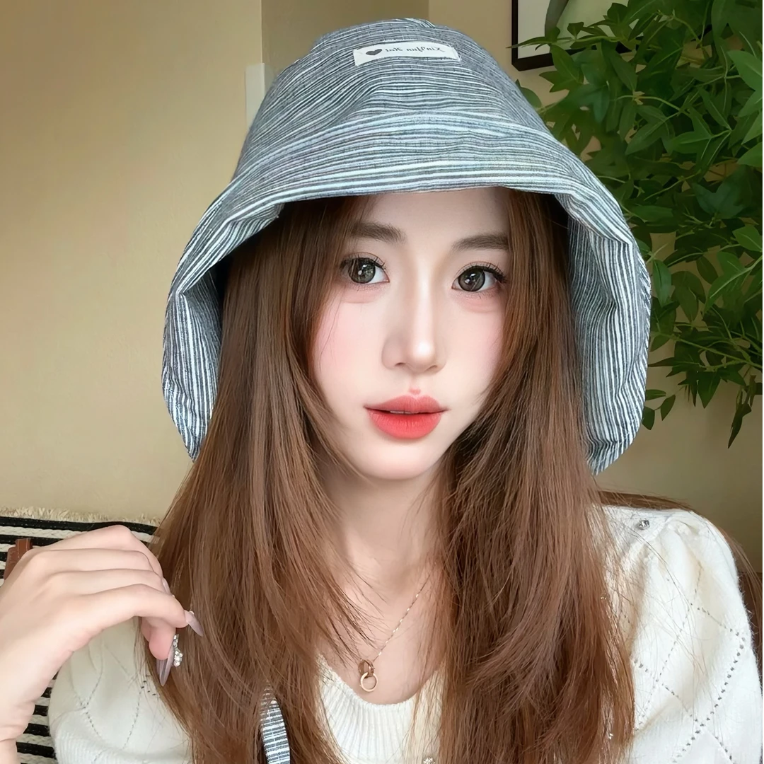 夏季小清新条纹大帽檐防紫外线遮阳盆帽