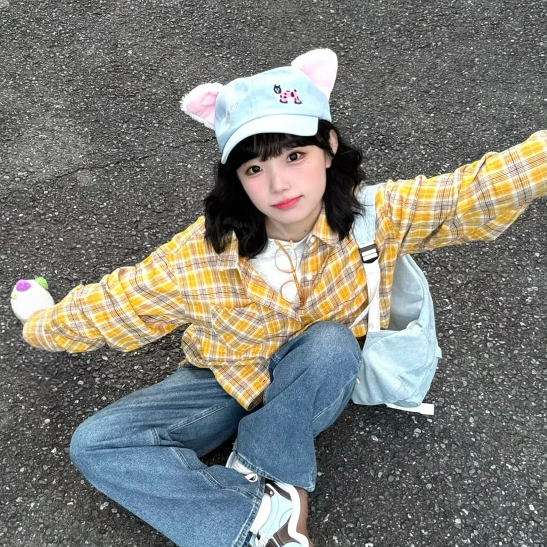 韩系格纹复古长袖衬衫女秋季春夏防晒衬衣慵懒风法式上衣外套