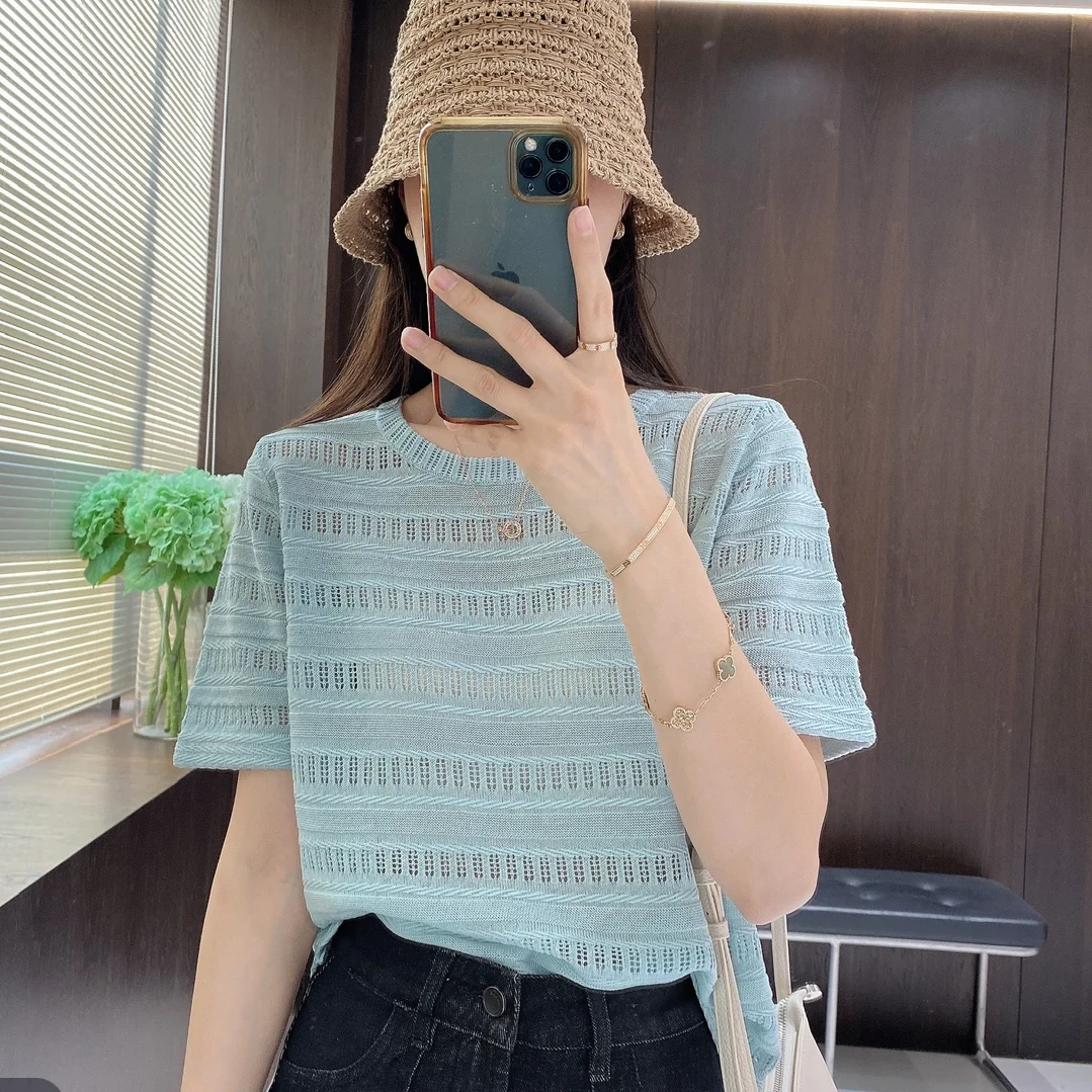 2025薄款爆款韩版宽松圆领镂空设计感天丝时尚气质针织上衣针织衫