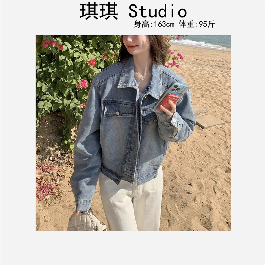 春季新款潮流气质时尚蓝色宽松显瘦减龄排扣百搭牛仔外套9292-C