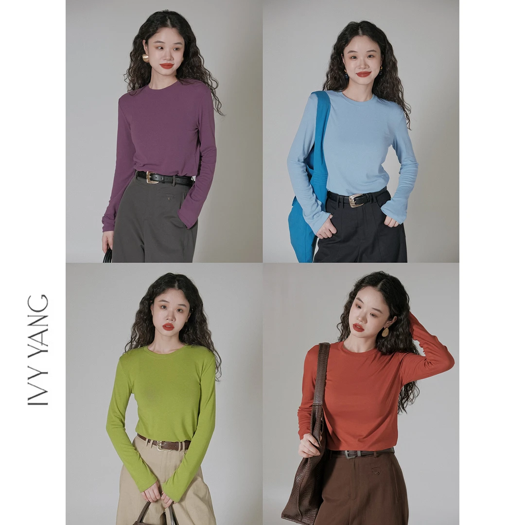 IVY YANG圆领基础弹力纯色长袖T恤薄款打底内搭秋