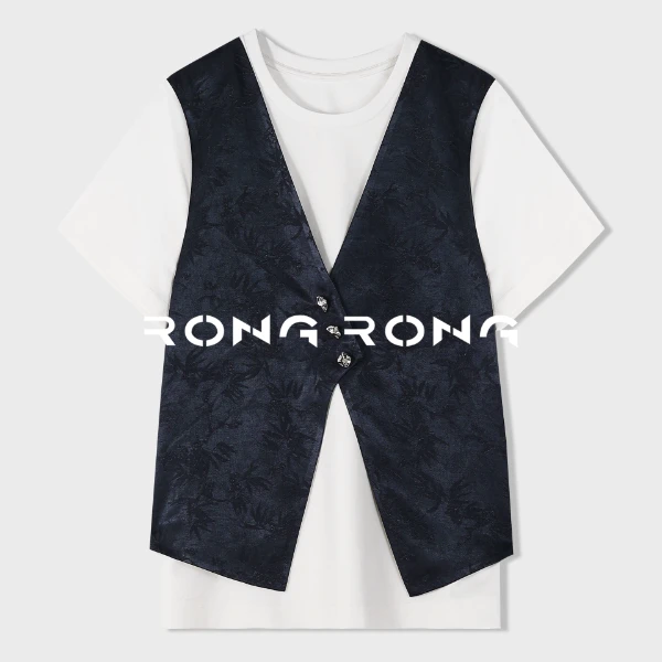 溶溶【画墨入意】RONGRONG 莱赛尔拼接提花马夹假两件T恤ZGC6J1958