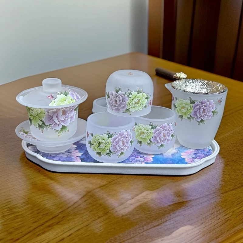 ZH3539-蝶恋花牡丹一盖碗四杯+公道+茶漏+茶盘