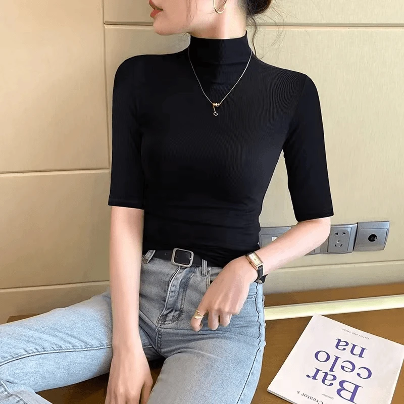 莫代尔春秋季半高领五分袖打底衫女大码百搭修身内搭气质半袖上衣