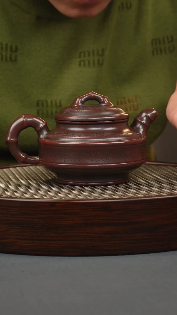 【闪购商品】紫砂茶壶古红泥 双线竹鼓 刻绘