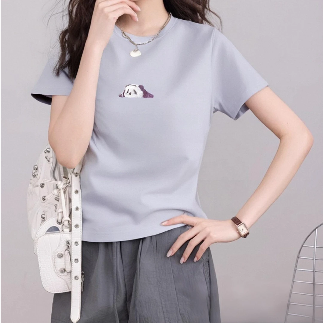 熊猫小可爱短袖刺绣T恤夏季创意国风趣味oversize慵懒风上衣紫色