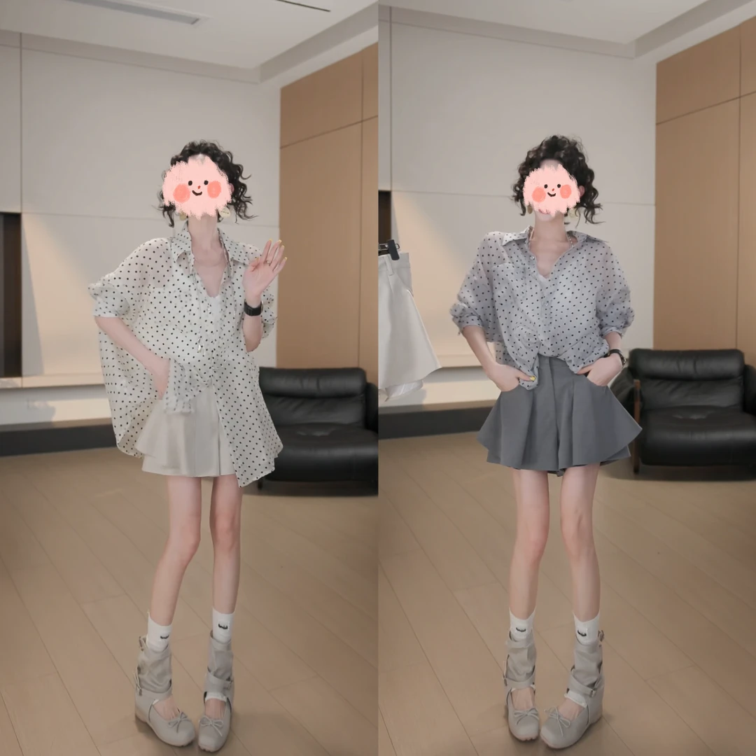 2025夏季高级感时尚波点休闲百搭防晒衬衫荷叶边A字高腰裤裙套装