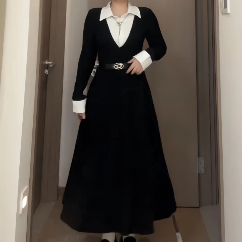 大码女装气质御姐长袖长款秋季胖mm假两件通勤时尚百搭风连衣裙子