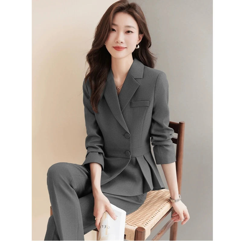 W8015灰色西装套装女2025新款高端职业装气质工作服时尚两件套