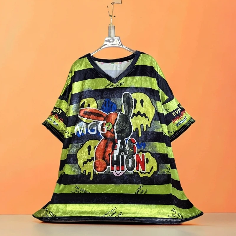 【依凡】潮牌轻奢钻石绒休闲宽松显瘦百搭中长款印花小兔短袖071