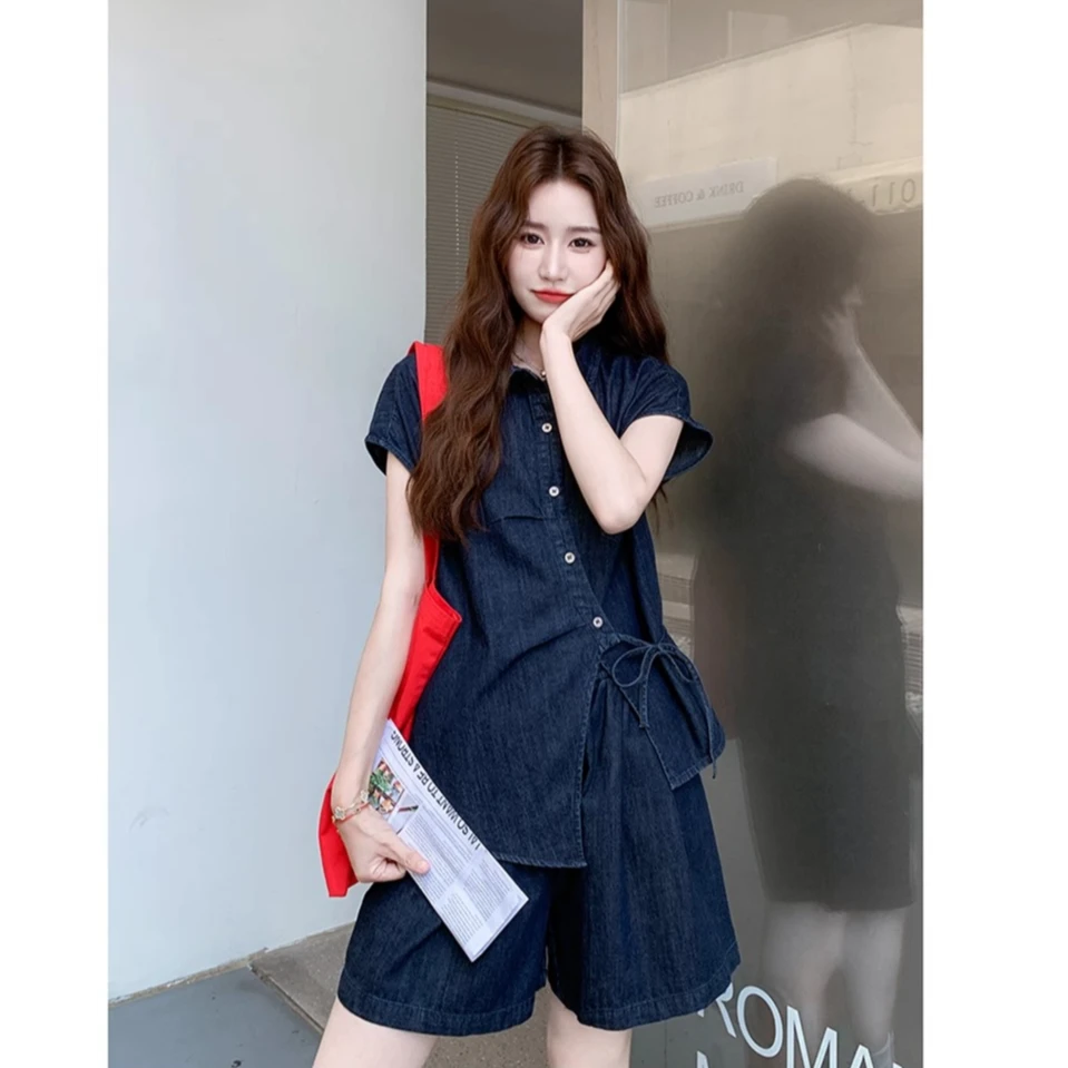 又酷又飒的穿搭套装女夏2025新款复古休闲薄款牛仔短袖短裤两件套