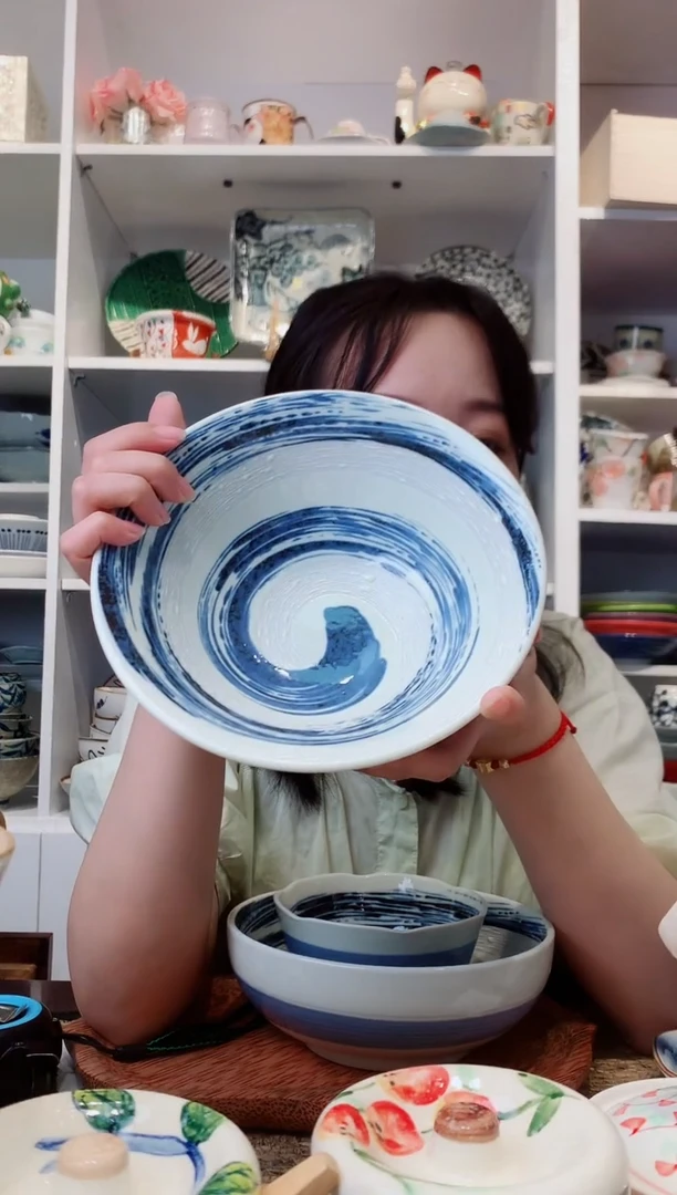 陶瓷美浓烧风吹清流斗笠面碗19cm