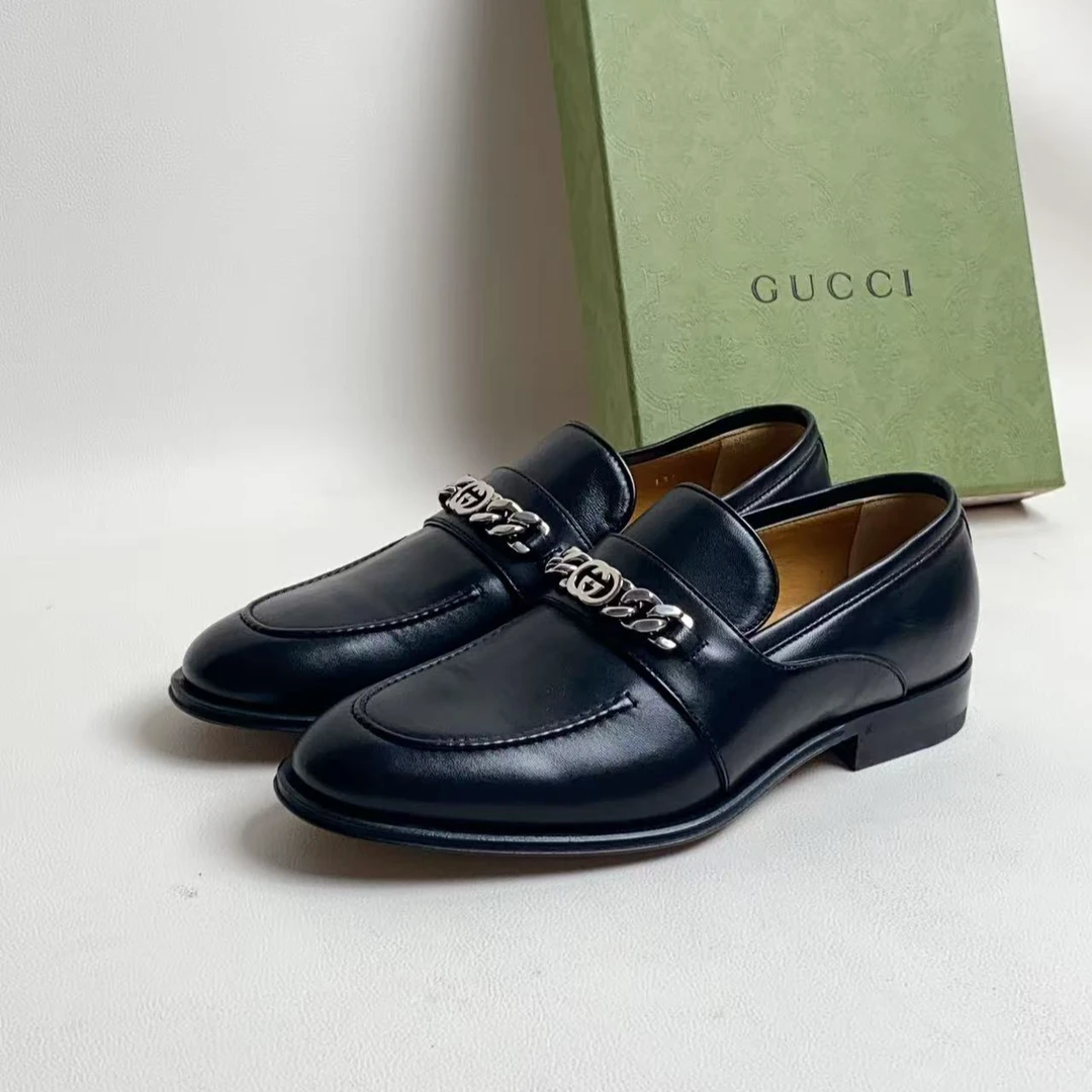 99新 GUCCI/古驰 古驰男士休闲百搭链条乐福皮鞋  正品未使用