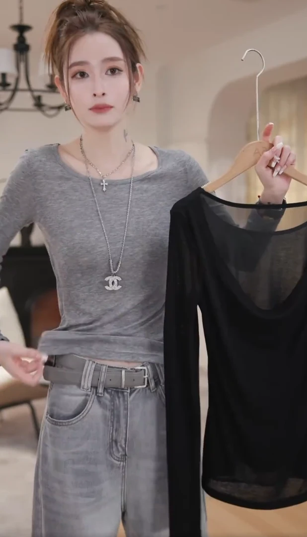 露背网纱拼接长袖打底t恤女2025年新款独特漂亮掐腰上衣休闲