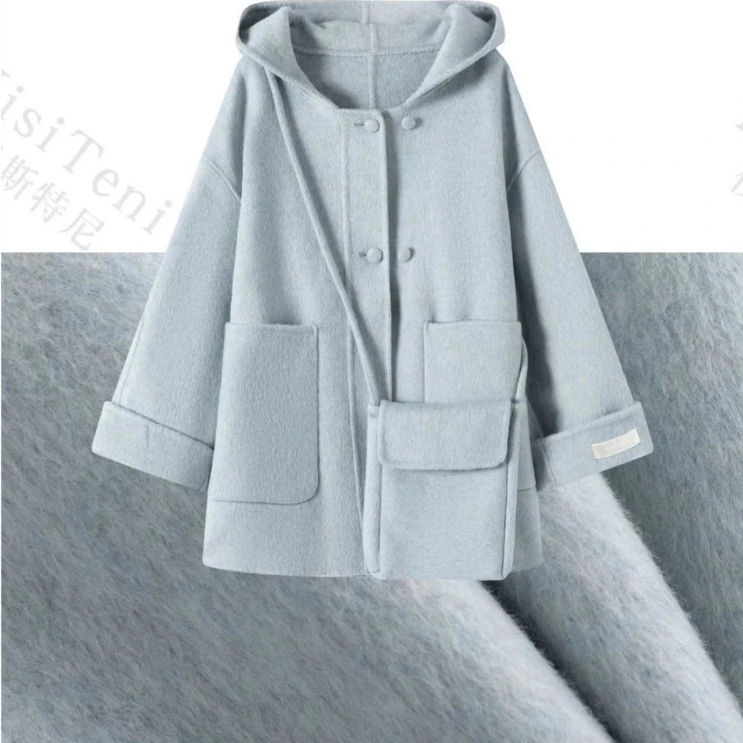 【衣氏特呢】新款双面羊毛大衣连帽羊驼毛宽松毛呢外套Y1