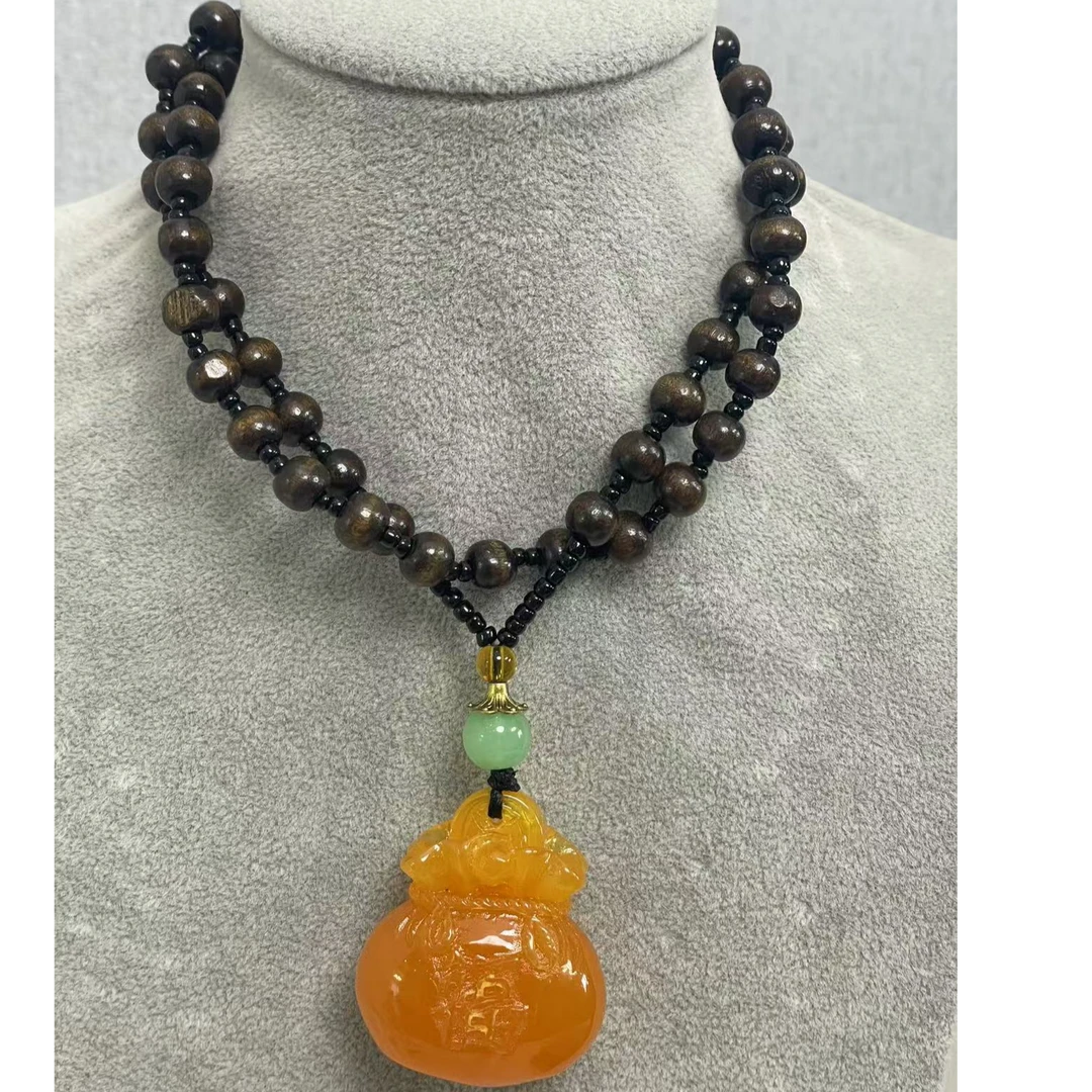 非金属珐琅项链 黄色 大福袋  木质链子