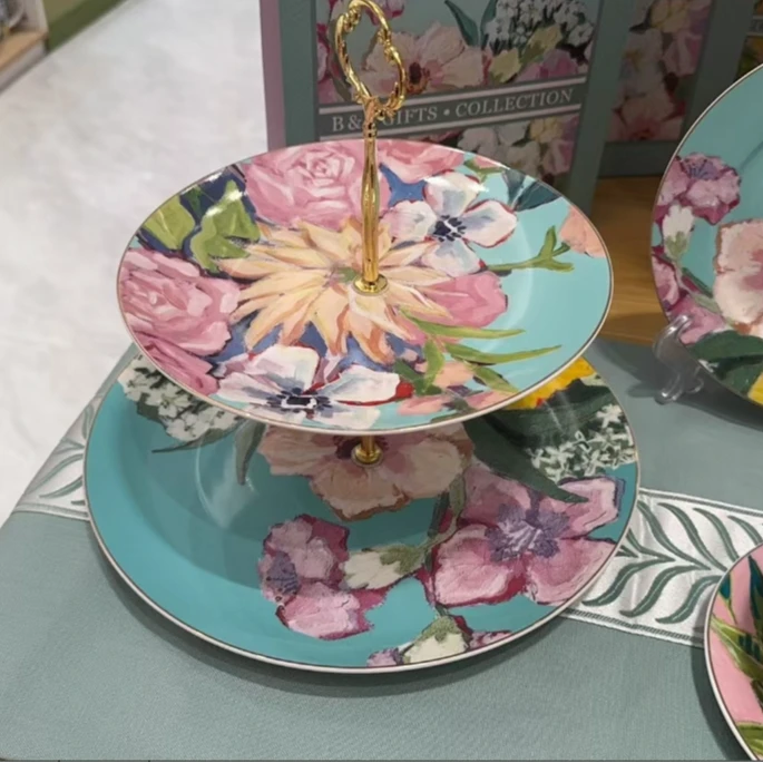 新骨瓷油画春天双层蛋糕盘轻奢糕点盘#sku296