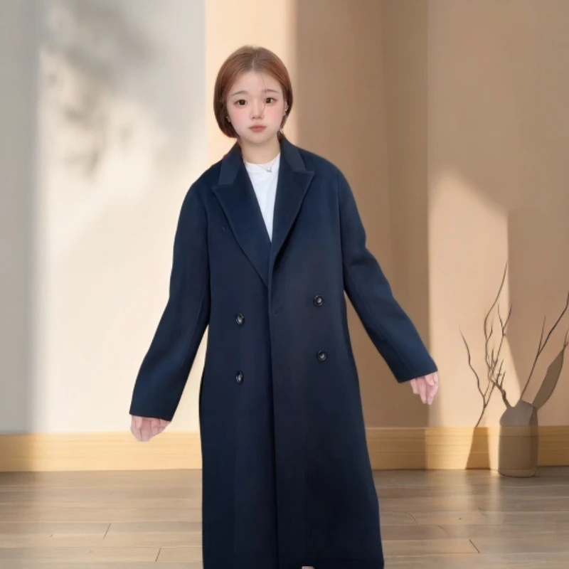 双面羊毛大衣秋冬季西装领修身百搭黑色双面呢外套