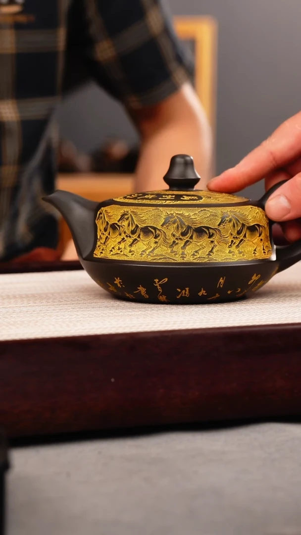 茶杯紫砂石黄 曲壶 八骏 描金