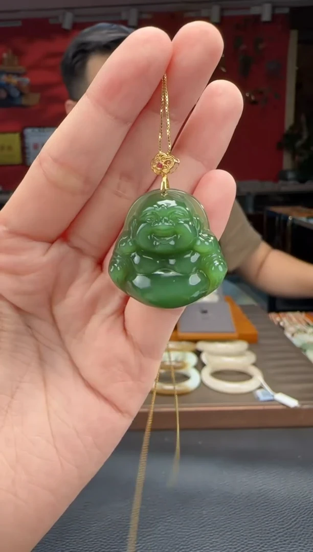 和田玉18K金镶嵌颈饰碧玉猫佛公