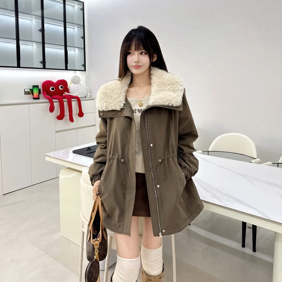 加绒加厚毛毛领派克服外套2025秋冬新款休闲宽松小个子中长棉服