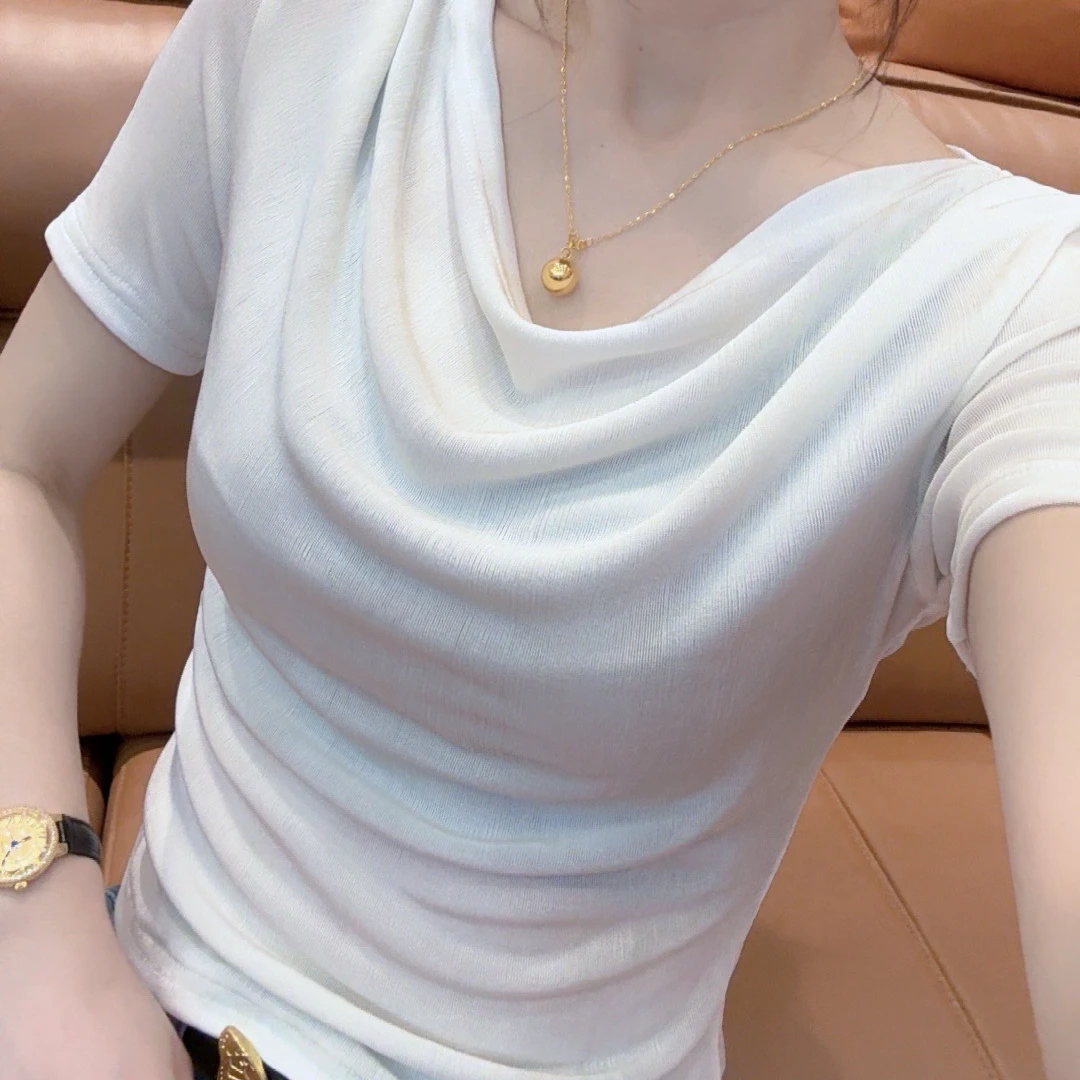 2025夏季新款时尚荡领洋气设计感短袖T恤女宽松百搭设计感上衣潮