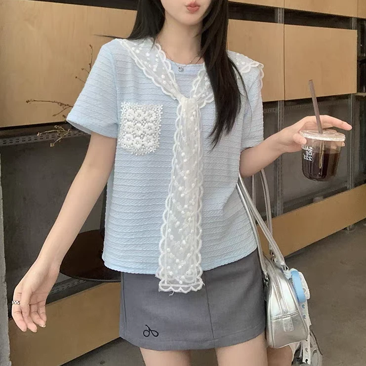 衣源0850#新款2025韩版蕾丝披肩立体花朵T恤别致短袖上衣（长约55）