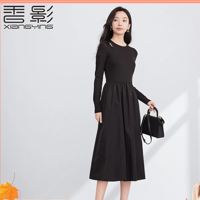 Q4001044连衣裙 香影连衣裙女长袖冬季季新款拼接收腰