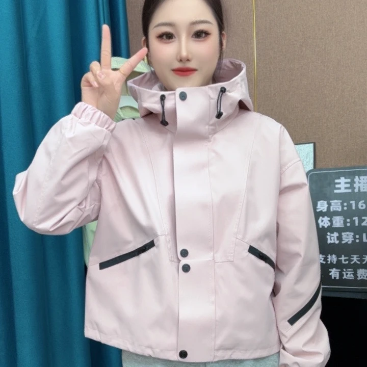 春季口袋拉链女连帽直下摆短外套运动上衣风衣户外保暖