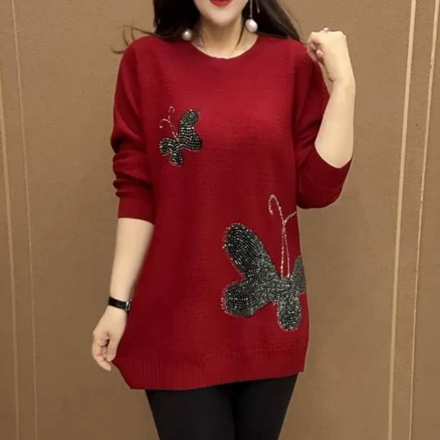 新款高端气质韩版妈妈百搭上衣针织衫春秋潮流大码遮肉毛衣中长款