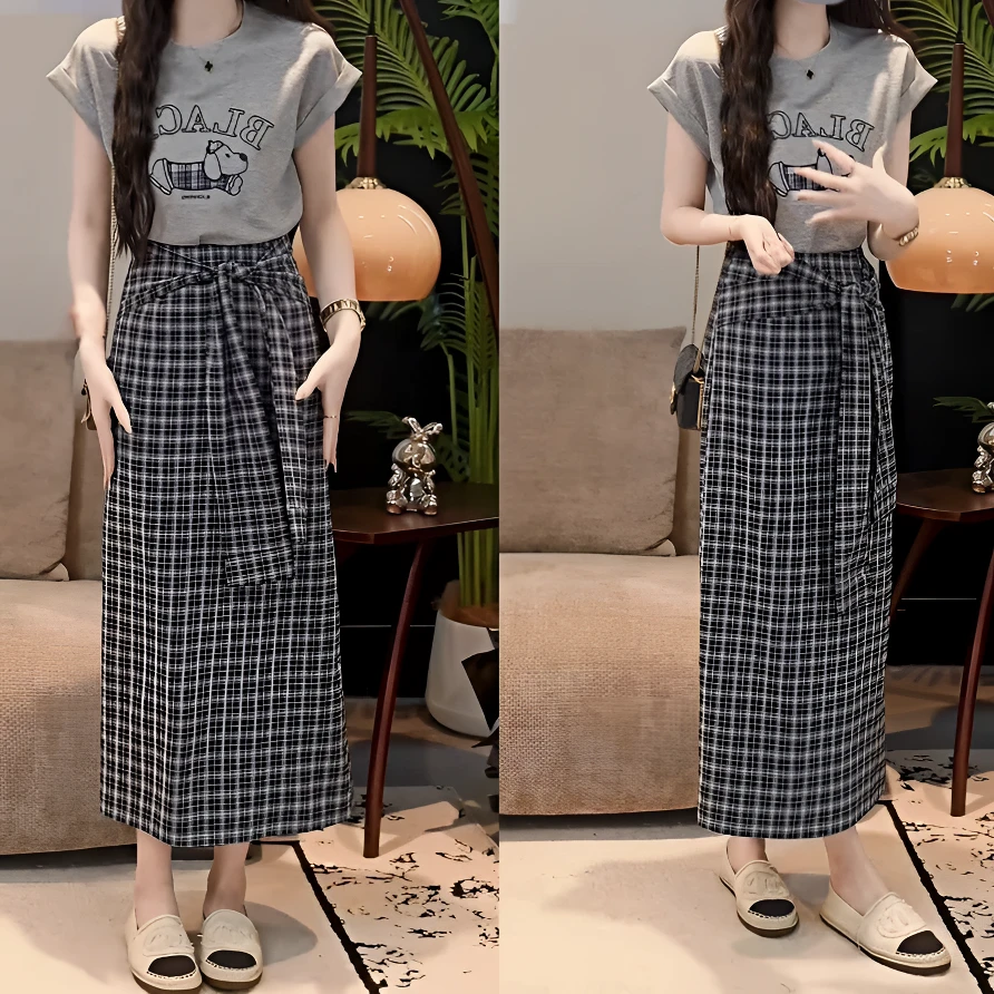 2025夏季新款洋气印花卡通小狗字母短袖T恤➕格子半身裙减龄两件套