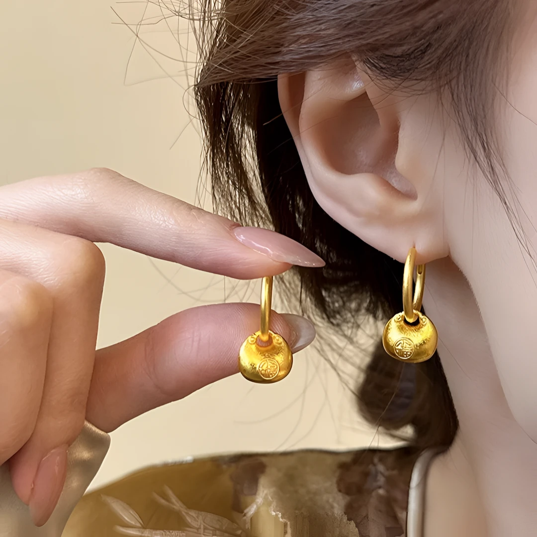 铜合金耳饰 新中式耳圈轻奢高级感国风金色福字耳环气质耳扣耳饰