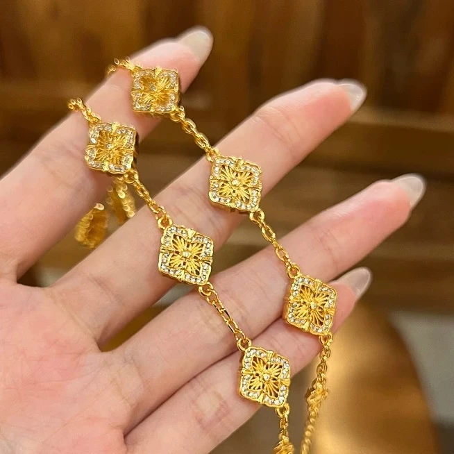 铜合金合成锆石手链 【中古四叶草手链】百搭气质轻奢法式简约金色