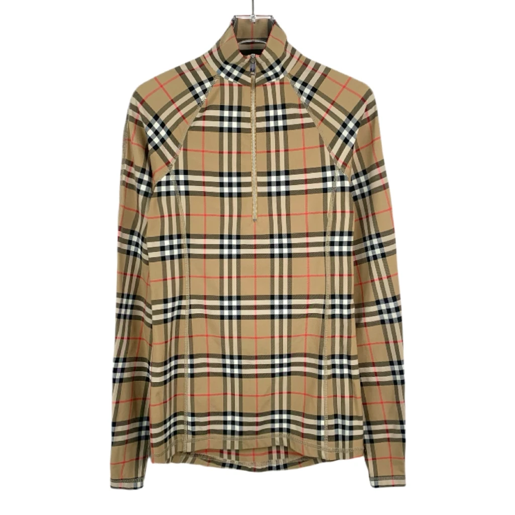 99新 BURBERRY/博柏利 011226 经典格纹棕色立领半拉链尼龙打底衫