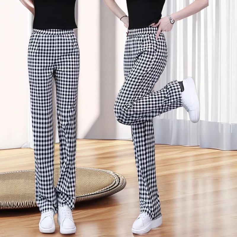 窄版阔腿裤女夏季薄款2025新款高腰垂感直筒休闲黑白格子裤子女