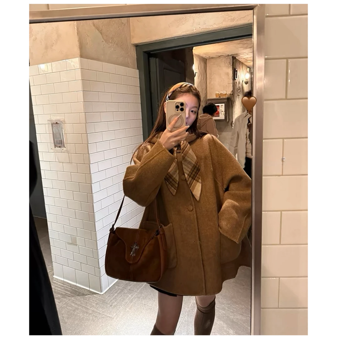 尼子大衣兔耳朵韩系小个子斗篷外套复古撞色格子呢子大衣冬7063