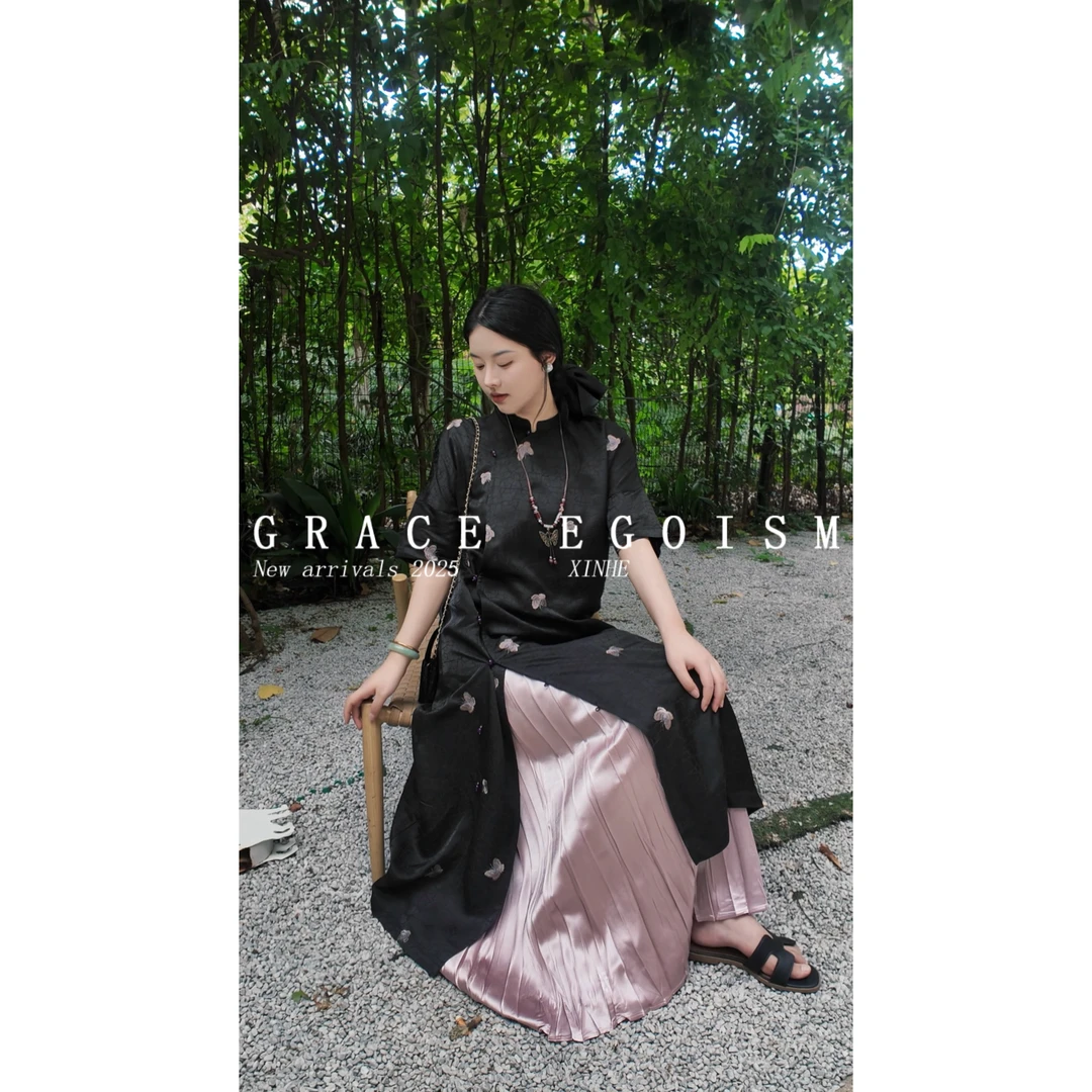 金禾【紫蝶赋】夏款国风真丝重工刺绣气质显瘦连衣裙3287