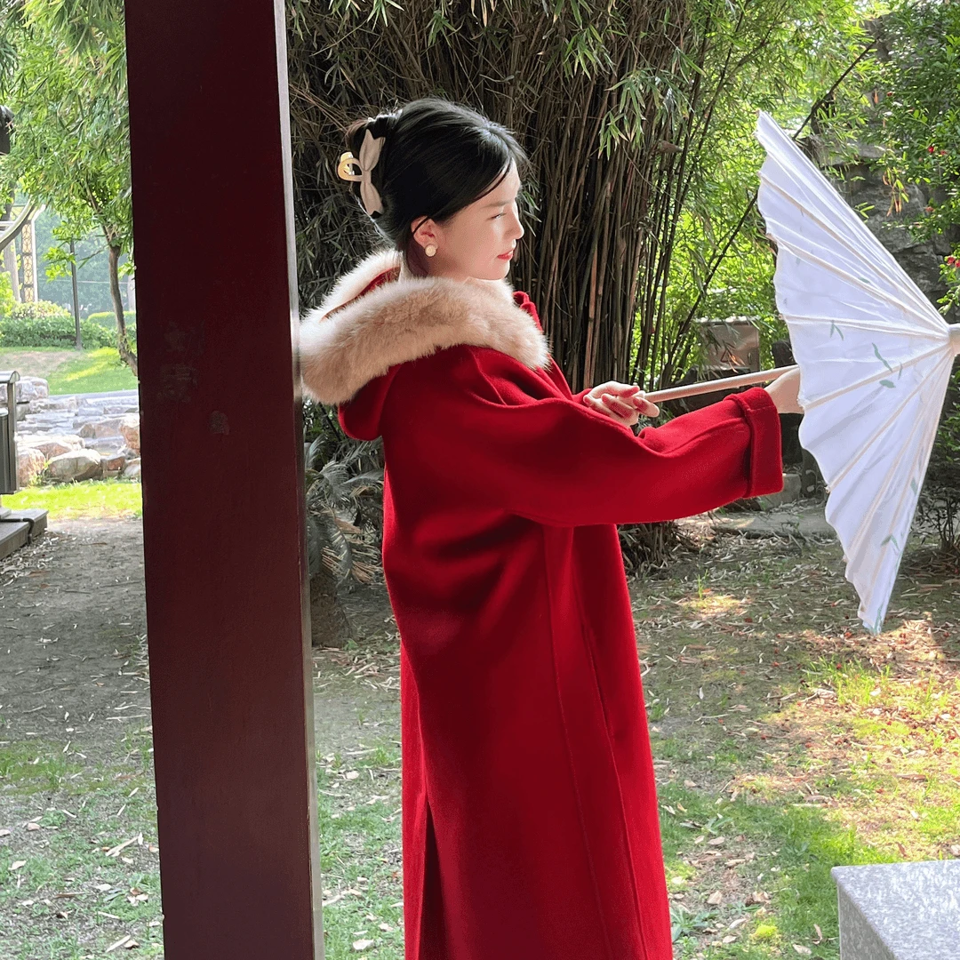 小魔女狐狸毛领双面呢2025秋连帽双面羊绒大衣女中长款羊毛呢外套
