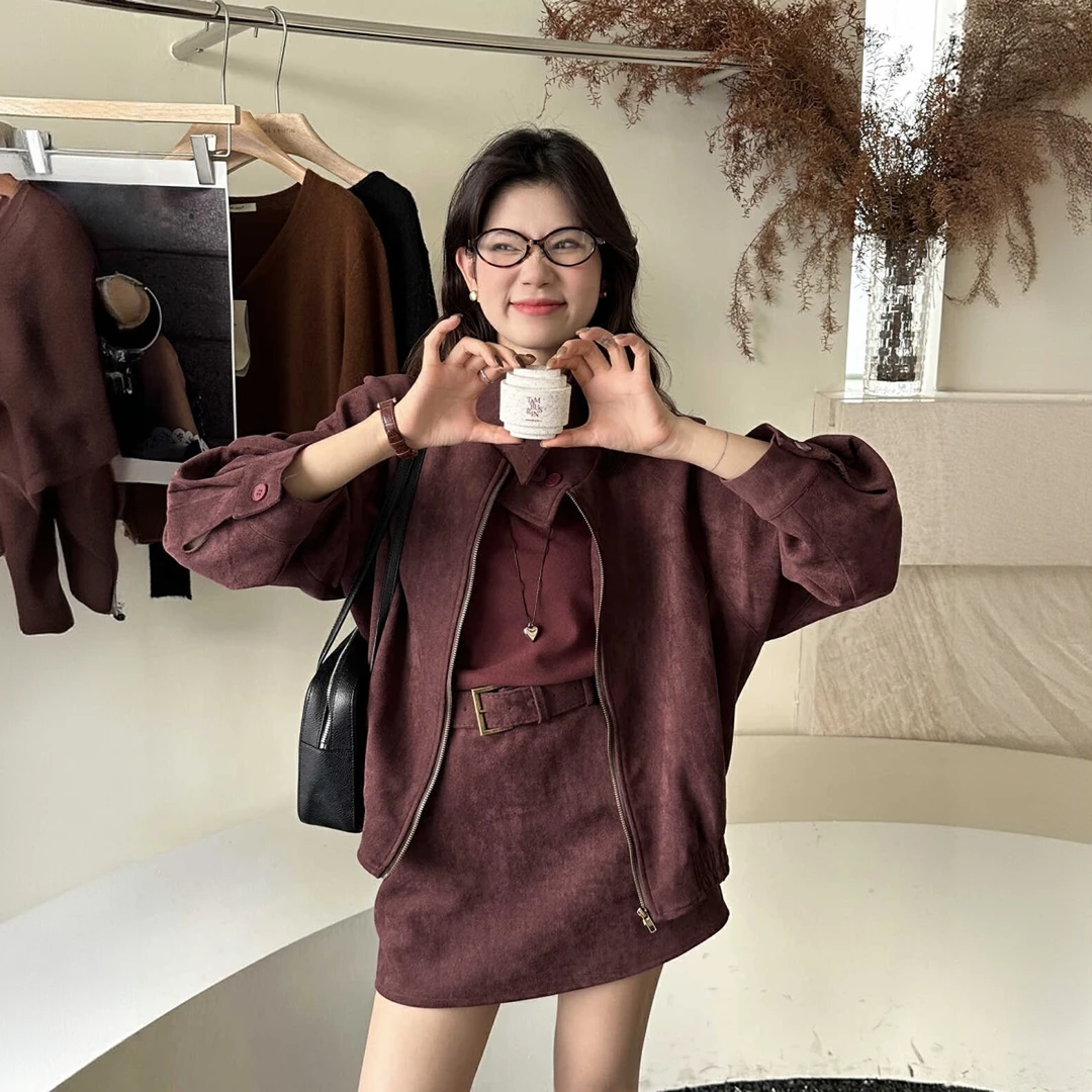 时尚宽松休闲简约套装女2025秋季新款港风复古纯色外套半裙两件套