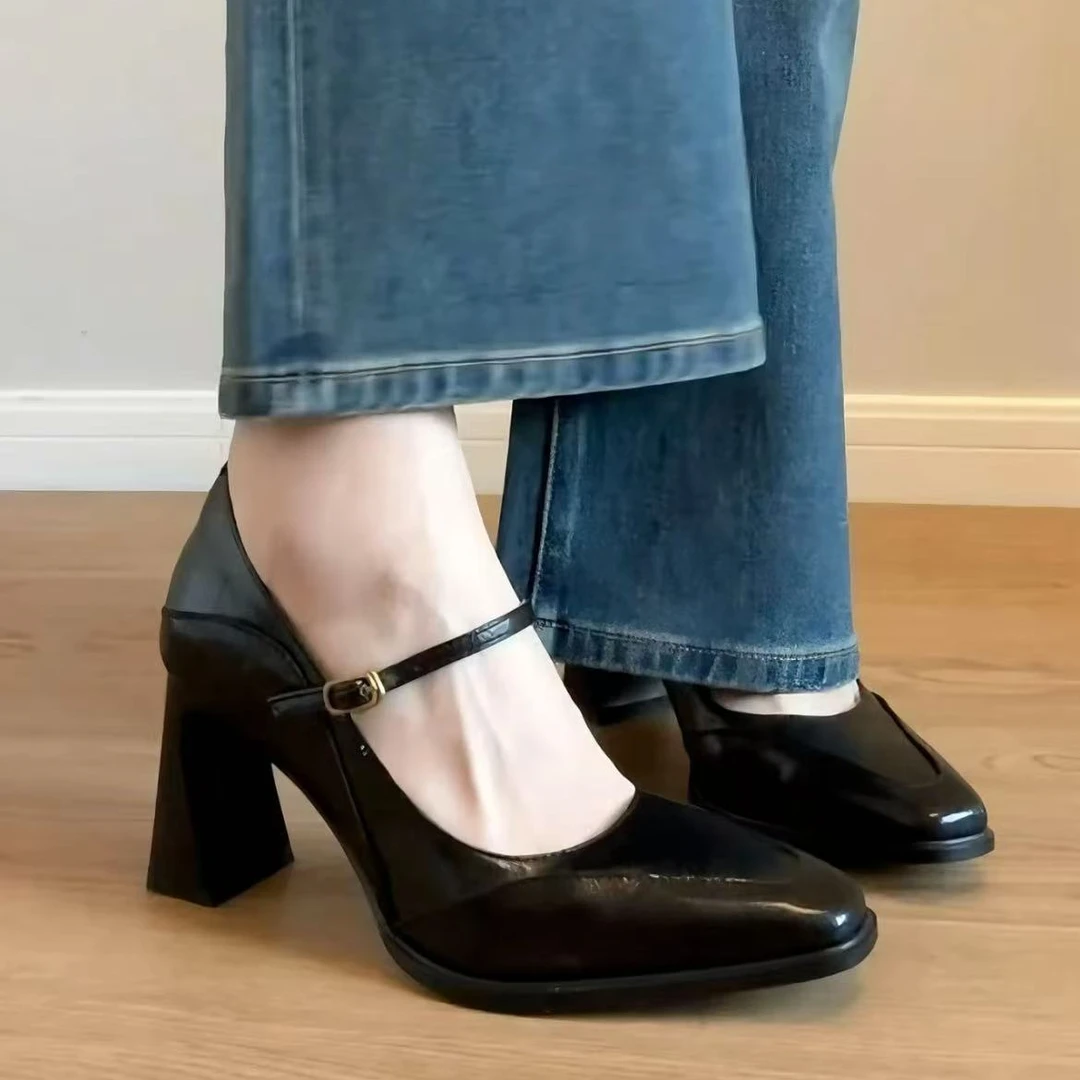 女鞋高跟玛丽珍黑色百搭真皮粗跟跟鞋气质时尚