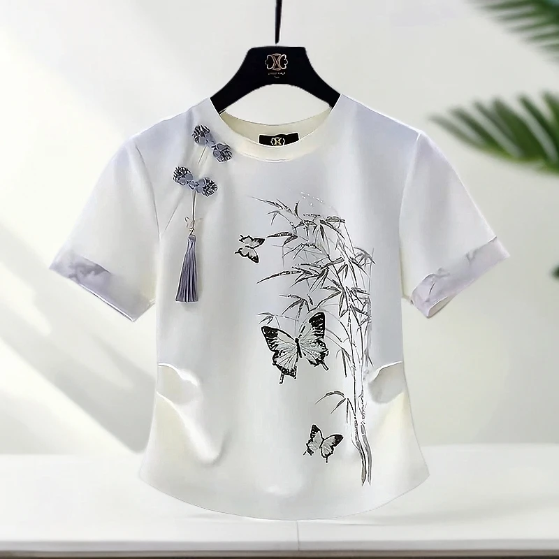 国风墨竹盘扣短袖t恤女夏2025新款新中式设计感小众时尚潮流上衣