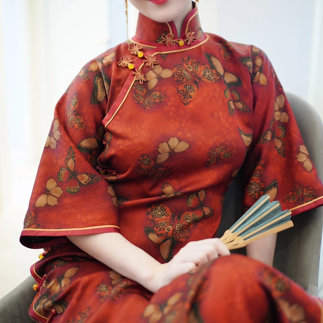 微凉梦蝶45姆米香云纱桑蚕丝旗袍复古一片式无省修身七分倒大袖