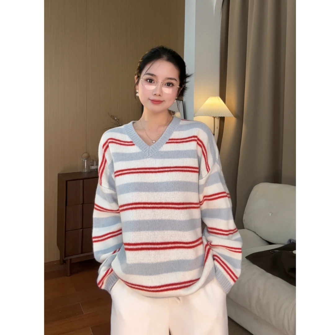 YANQI【冬日序曲】羊毛上衣圆领条纹拼色针织长袖毛衣Y8646