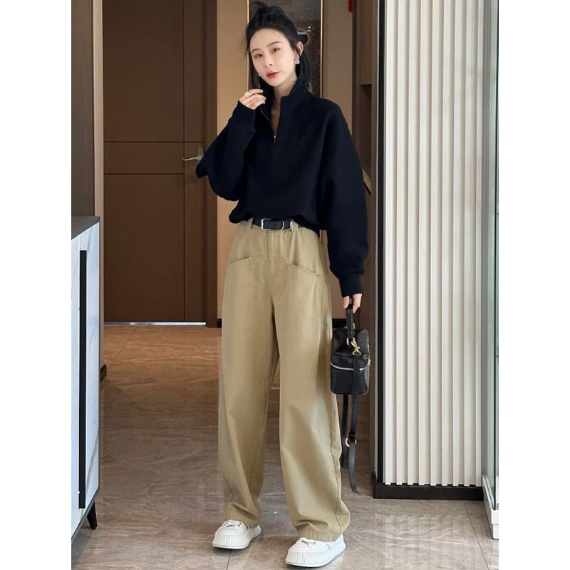 高含棉春季2025新款时尚百搭宽松小立领长袖卫衣气质纯色休闲上衣